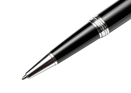 Close-up of a black ballpoint pen tip, angled view.  The pen's tip is silver, and subtle metallic rings encircle the body