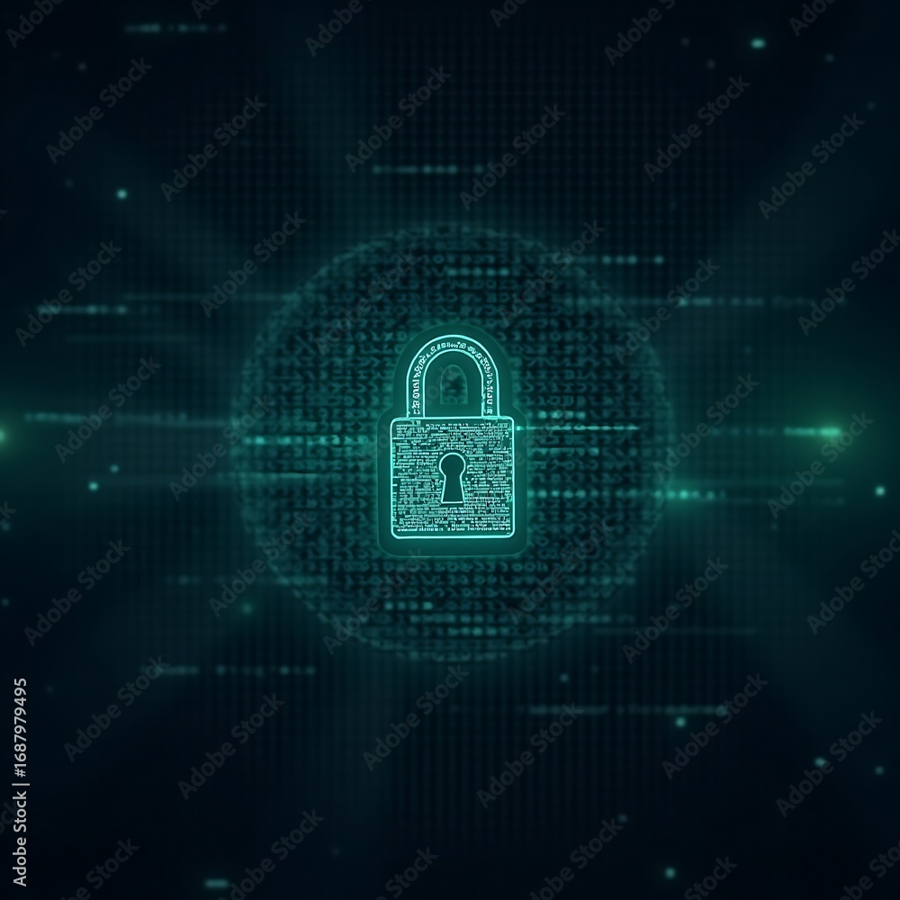 Poster cyber security digital lock background – futuristic data protection encryption technology design.