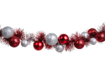 Christmas garland with red and silver ornaments and tinsel