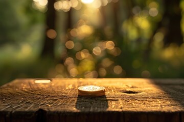 Ultra Quality Picture of Coin on Wooden Table on Blurred Nature