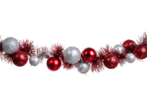 Christmas garland with red and silver ornaments and tinsel