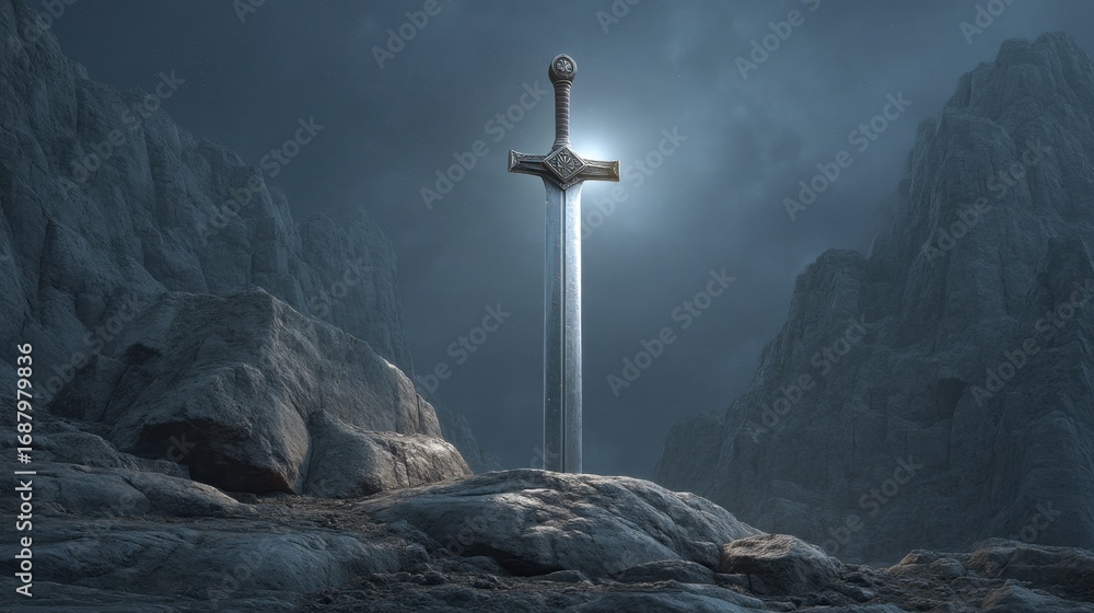 Aufkleber majestic sword embedded in rock surrounded by dramatic clouds and mountains creating an epic fantasy