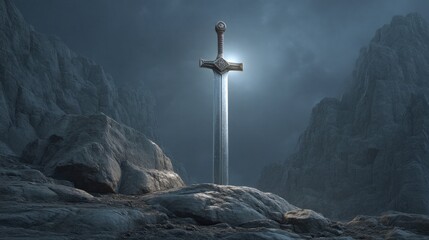 Majestic Sword Embedded in Rock Surrounded by Dramatic Clouds and Mountains Creating an Epic Fantasy Landscape