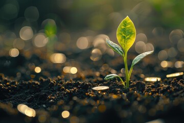 Vibrant Image of Green Sprout in the Ground Against the Background of Stacks of Coins