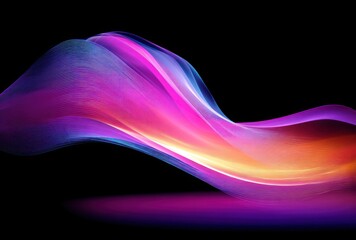 Abstract colorful light wave trails curving gracefully on a black background. Swirling luminous gradients blend magenta, orange, and purple hues