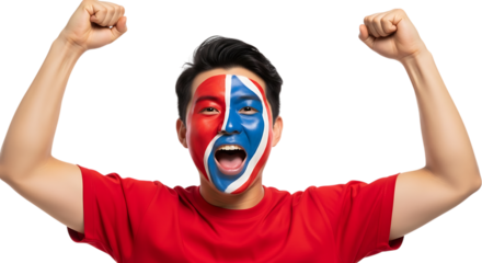 Excited Asian man with patriotic face paint cheering with fists raised in celebration
