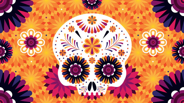 Ilustraci&oacute;n de calavera del D&iacute;a de Muertos con colores vivos, flores de cempas&uacute;chil y arte popular mexicano, s&iacute;mbolo de tradici&oacute;n, cultura y celebraci&oacute;n en la festividad mexicana