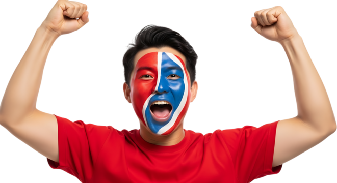 Excited Asian man with patriotic face paint cheering with fists raised in celebration - Powered by Adobe