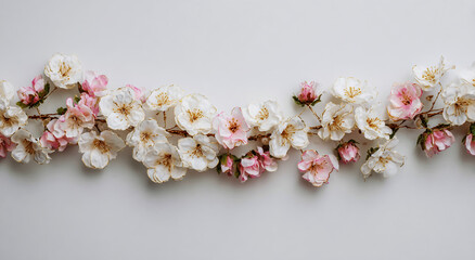 The white flower garland is made of small roses and pink flowers, with gold accents on the edges, placed against a pure white background.