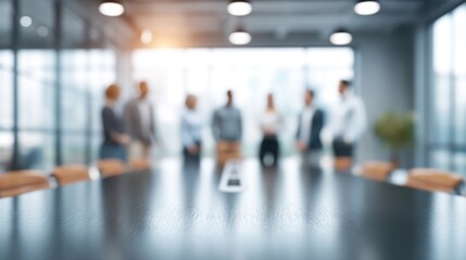Blurred Conference Room with Business People Engaged in Discussion in a Modern Office Environment during Daytime with Natural Light Streaming In