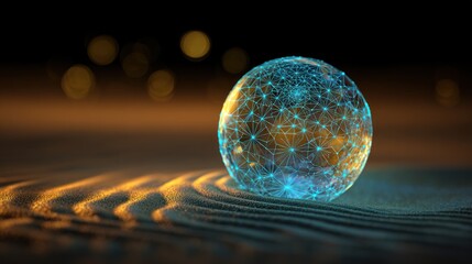A glowing sphere sits on rippled sand. Points of light connect in a web-like structure over the sphere. Blurred bokeh lights shine in the background