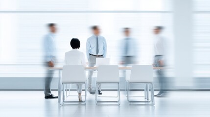Business meeting with blurred figures engaged in discussion while a focused individual sits at the table, emphasizing communication and teamwork in a modern office
