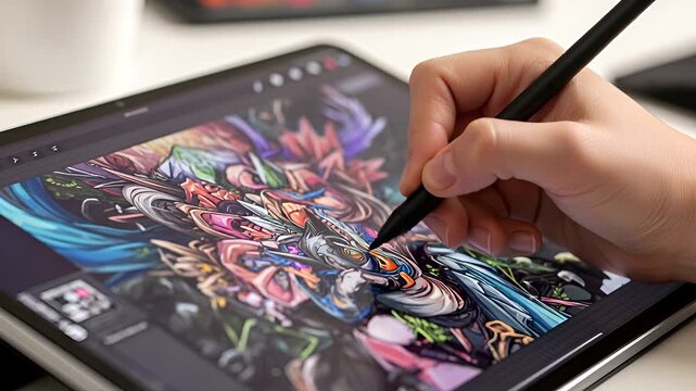 Digital art creation process: Hand drawing colorful illustration on tablet screen
