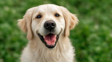 Happy Golden Retriever Dog Smiling Outdoors on a Bright Sunny Day Surrounded by Green Grass and Flowering Plants in a Natural Setting