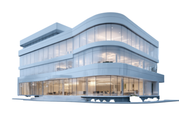 Modern, light-filled office building with curved glass facade