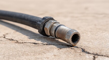 Close-Up of Industrial Hose Connector on Cracked Concrete Surface Showcasing Wear and Tear of Equipment in an Outdoor Setting