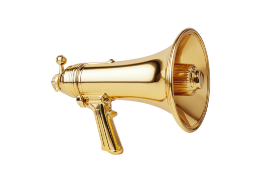 A gold-colored megaphone, angled, sits against a black background.  Its polished surface gleams, resembling a metallic weapon