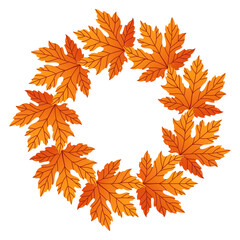 Autumn leaves circle frame. Round border made of fall leaves. The leaves are arranged in a circle. Vector flat isolated on white background.