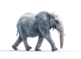 Obraz premium A pale grey elephant walks with tusks visible, set against a plain white background, its textured skin detailed