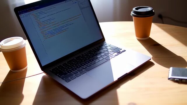 Laptop with code on screen and coffee cups on a wooden table