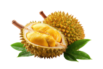 Two halves of a durian fruit, golden-yellow flesh, prickly exterior, and green leaves