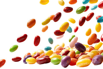 Colorful jelly beans in mid-air and on a surface