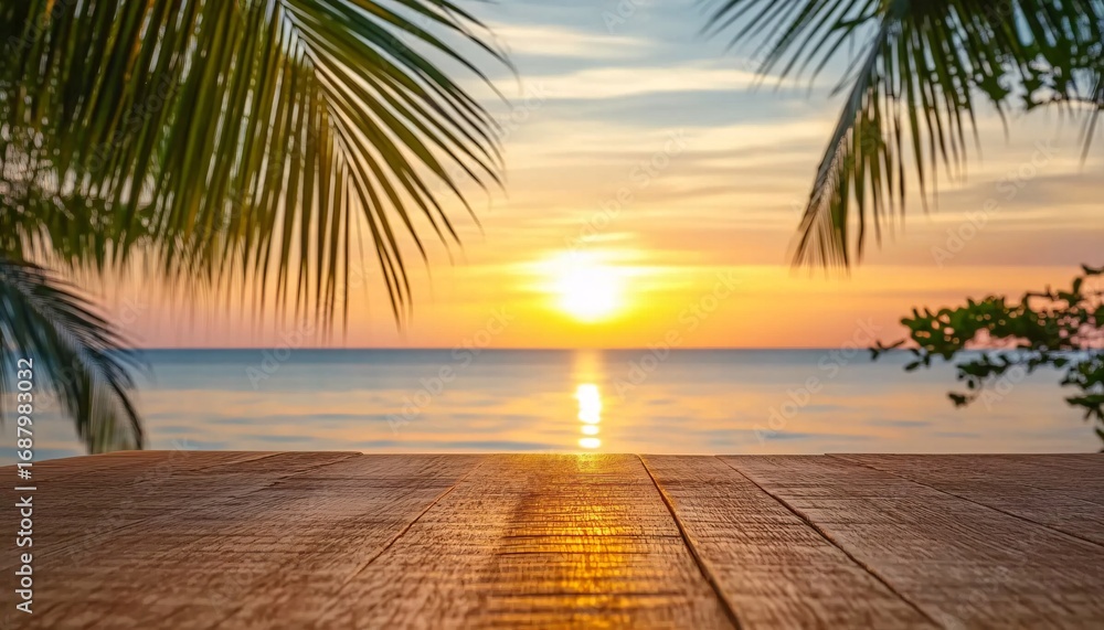 Poster a wooden surface is in the foreground with a blurry background showing a sunset over the ocean and p