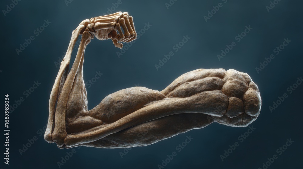 Poster detailed skeleton arm flexing muscles in a dramatic lighting with textured surface and dark backgrou