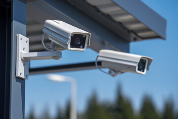 White security cameras mounted on the roof of an outdoor building, cameras facing right and left