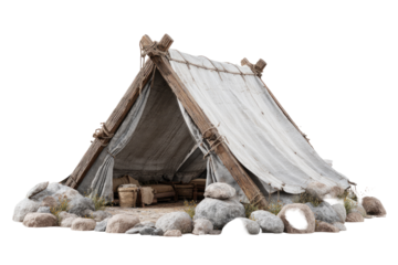 A rustic, simple tent nestled amongst rocks.  Beige canvas draped over wooden poles.  Interior hints of furnishings.  Simple, primal shelter