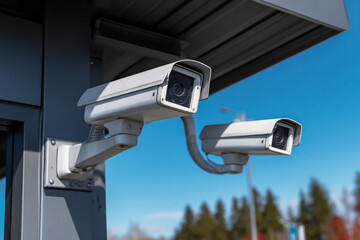 White security cameras mounted on the roof of an outdoor building, cameras facing right and left