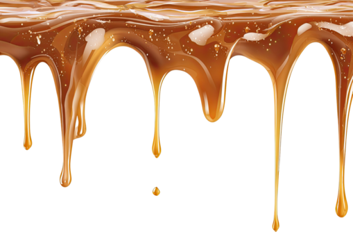 Caramel syrup drips down a black background.  Rich, amber-colored syrup flows in thick, glossy streams, creating a visually appealing dripping effect