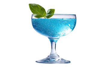 Vibrant blue cocktail in a stemmed glass, topped with basil