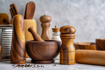 Wooden kitchen utensils and accessories on a marble countertop