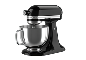Glossy black stand mixer with stainless steel bowl