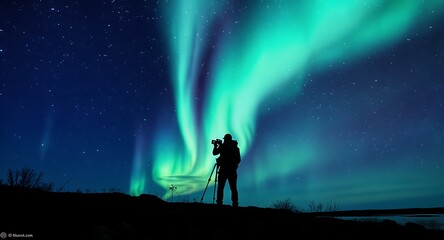 Fototapeta premium Photographer Capturing Majestic Green Aurora Borealis Over a Dark Landscape at Night