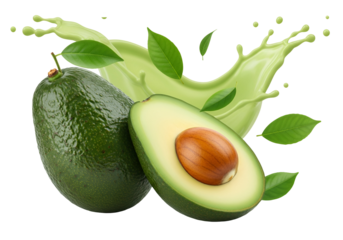 Vibrant avocado halves and whole fruit, with splashing, bright green juice and fresh leaves, create a healthy, natural food still life on a dark background.