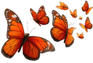 Vivid, orange butterfly collection, some in flight. Detailed wing patterns. Soft, diffused edges and cast shadows. Isolated, airy composition