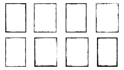 Grunge frames. Rough black rectangular frame with textured distressed torn paper edges. Isolated vector set