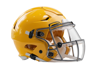 Bright yellow football helmet, clear face mask