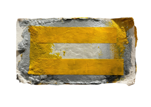 Rough textured rectangle, two horizontal bands of mustard yellow paint over a light gray surface