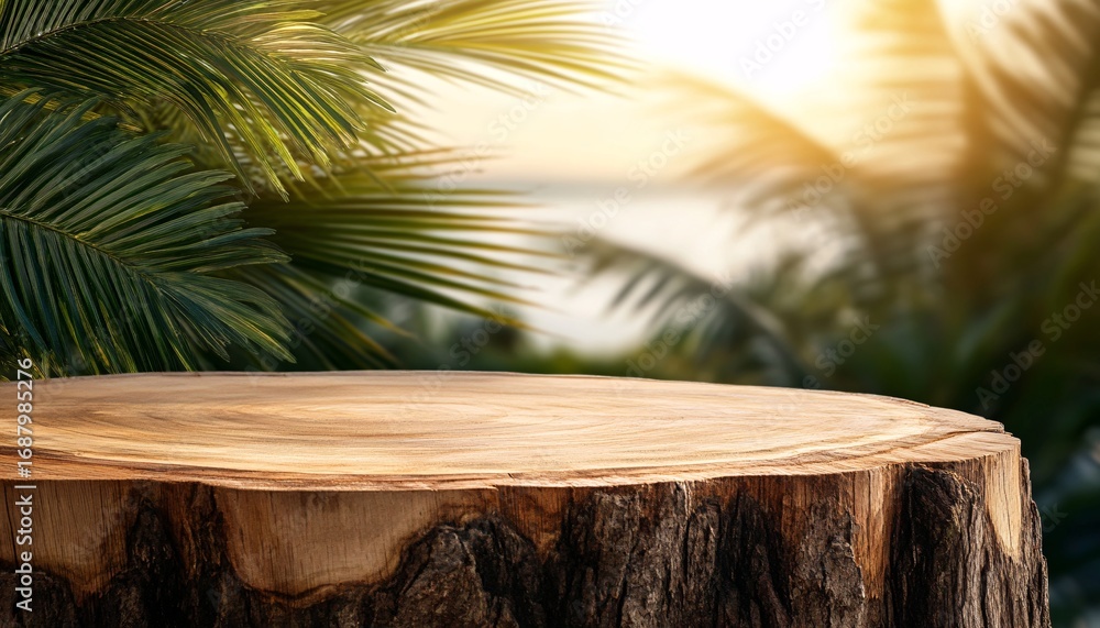 Poster a tree stump with a smooth, light brown top sits in front of a blurred background showing palm trees
