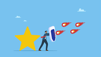 Businessman shield protect star reputation form thumb down feedback. Protect brand reputation, trust or manage negative customer review, feedback or engagement, marketing solution, strategy.