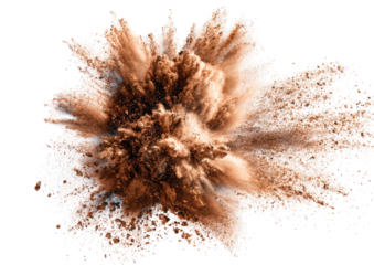 Exploding brown powder, a high-energy burst of light tan and beige particles against a black background