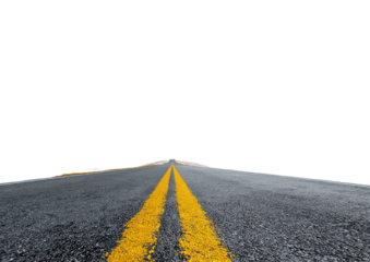 Empty asphalt road stretching into a dark distance. Two yellow lines mark the center