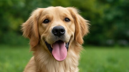 Happy golden retriever sitting on green grass with playful expression and tongue out in a sunny outdoor environment showcased on a blurred nature background
