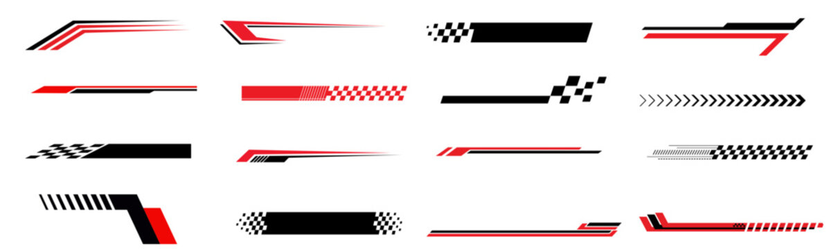 Race car lines. Racing stripe decals, Black and red speed line stripes, checkered patterns, typography for sport vehicle and boat tuning.  Isolated vector stickers set