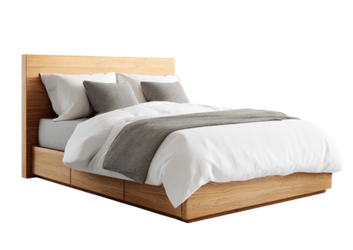 Light-toned wooden bed with white linens