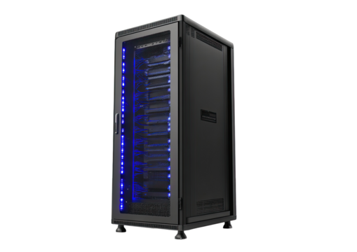 Dark gray server rack with blue LED lighting
