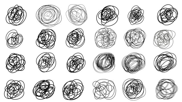 Doodle clew. Chaos lines, hand drawing tangled clew, insane mess scribble, confused brain thinking doodle, clutter complicated concept. vector set 